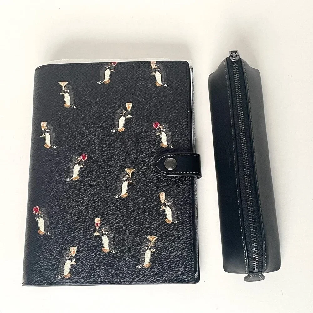Coach CCP98 Boxed Notebook & Pencil Case Black Signature Canvas Penguin Leather